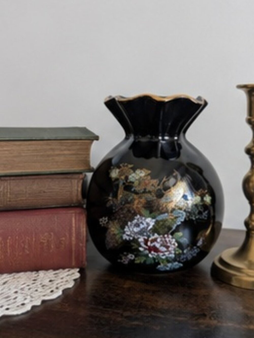 Vintage Japanese Black Porcelain Vase | Peacock & Peony Gold Detail (5" Tall)